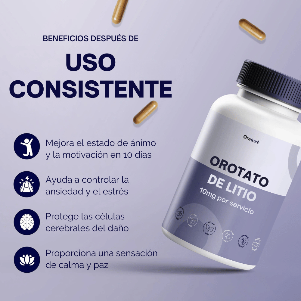 Cápsulas para equilibrar el estado de ánimo, estrés y la ansiedad | Orotato de litio de 10 mg