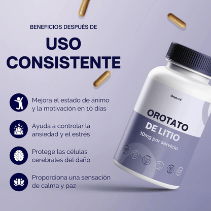 Cápsulas para equilibrar el estado de ánimo, estrés y la ansiedad | Orotato de litio de 10 mg